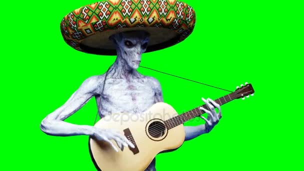 Lustiges Alien spielt auf Akustikgitarre. realistische Bewegungen und Hautschattierungen. 4k Green Screen Filmmaterial. — Stockvideo