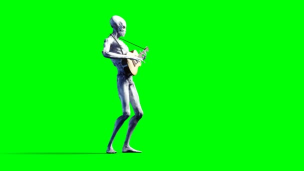 滑稽的外星人在 acustic 吉他上玩耍。逼真的运动和皮肤着色。4k 绿色屏幕素材. — 图库视频影像
