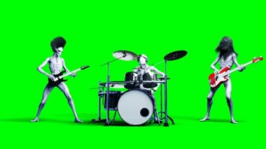 Komik yabancı rock grubu. Bas, davul, gitar. Gerçekçi hareket ve cilt Shader. 4 k yeşil ekran görüntüleri.
