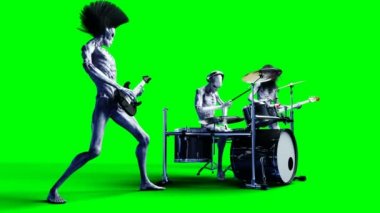Komik yabancı rock grubu. Bas, davul, gitar. Gerçekçi hareket ve cilt Shader. 4 k yeşil ekran görüntüleri.