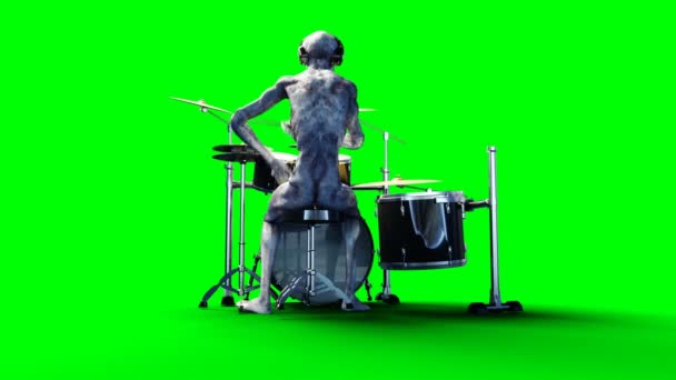 Grappige alien speelt op drums. Realistische beweging en huid shaders. 4 k groen scherm beeldmateriaal. — Stockvideo