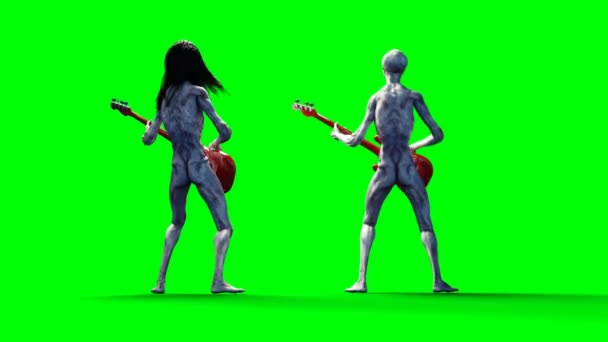 Engraçado alien toca na guitarra baixo. Movimento realista e sombreadores de pele. Imagens de tela verde 4K . — Vídeo de Stock