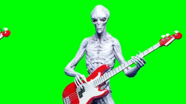 Rolig alien spelar på elbas. Realistisk rörelse och hud shaders. 4 k grön skärm film. — Stockvideo