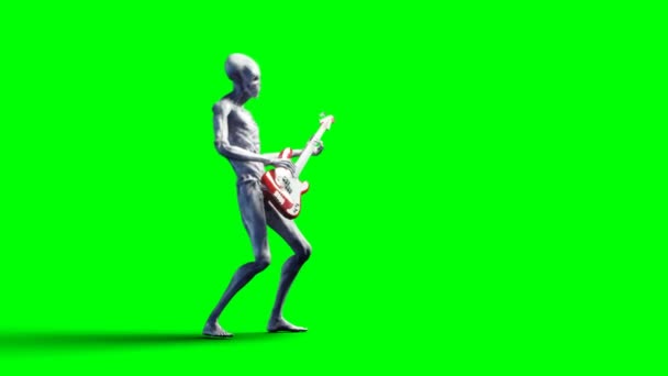 Engraçado alien toca na guitarra baixo. Movimento realista e sombreadores de pele. Imagens de tela verde 4K . — Vídeo de Stock