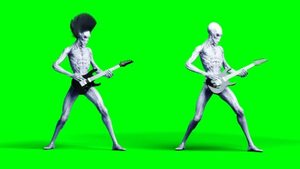 Engraçado alienígena toca guitarra elétrica. Movimento realista e sombreadores de pele. Imagens de tela verde 4K . — Vídeo de Stock