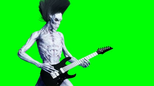 Rolig alien spelar på elgitarr. Realistisk rörelse och hud shaders. 4 k grön skärm film. — Stockvideo