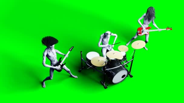 Uma banda de rock alienígena engraçada. Baixo, tambor, guitarra. Movimento realista e sombreadores de pele. Imagens de tela verde 4K . — Vídeo de Stock