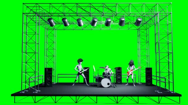 Divertente rock band aliena. Basso, batteria, chitarra. Movimento realistico e ombreggiature della pelle. Filmato schermo verde 4K . — Video Stock