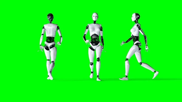 Futurisztikus, humanoid, női robot elkülöníteni a zöld képernyő. Valószerű 3d-leképezés. — Stock Fotó