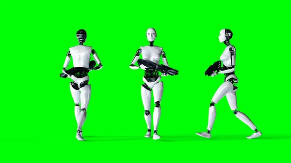 未来人型女性ロボットは、緑色の画面に分離します。リアルな 3 d レンダリング. — ストック写真