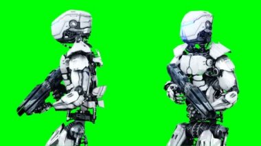 Askeri robot silah ile yürüyor. Gerçekçi hareket ve yansımaları. 4 k yeşil ekran görüntüleri.