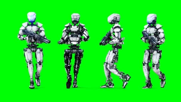 軍事ロボットは、銃を持って歩いています。現実的な動きと反射。4 k の緑スクリーンの映像. — ストック動画