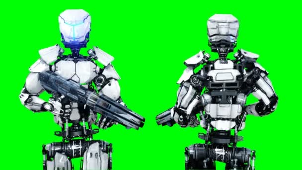 El robot militar camina con un arma. Movimiento realista y reflexiones. Imágenes de pantalla verde 4K . — Vídeos de Stock