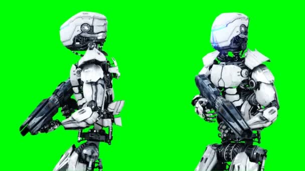 Le robot militaire marche avec une arme. Mouvement réaliste et réflexions. Images d'écran vert 4K . — Video