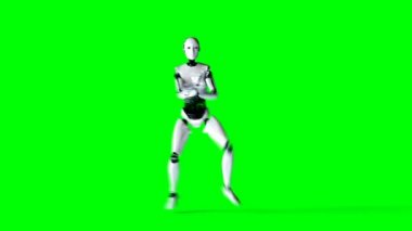Fütüristik insansı kadın robot dans ediyor. Gerçekçi hareket ve yansımaları. 4 k yeşil ekran görüntüleri.