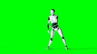 Fütüristik insansı kadın robot dans ediyor. Gerçekçi hareket ve yansımaları. 4 k yeşil ekran görüntüleri.