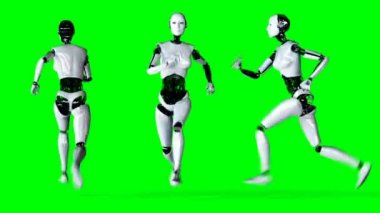 Fütüristik insansı kadın robot çalışıyor. Gerçekçi hareket ve yansımaları. 4 k yeşil ekran görüntüleri.