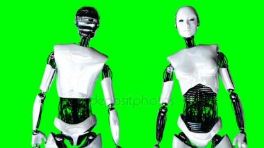 Fütüristik insansı kadın robot boştadır. Gerçekçi hareket ve yansımaları. 4 k yeşil ekran görüntüleri.