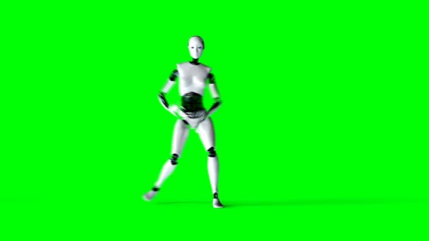 Futuristiska humanoid kvinnlig robot dansar. Realistisk rörelse och reflektioner. 4 k grön skärm film. — Stockvideo