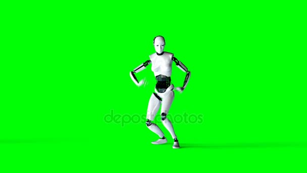 Robot féminin humanoïde futuriste danse. Mouvement réaliste et réflexions. Images d'écran vert 4K .