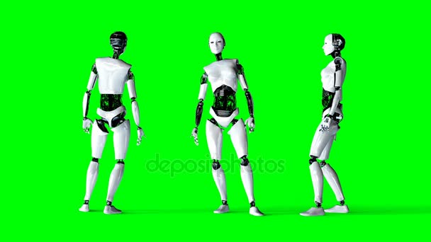 Futurystyczny humanoidalne kobieta robot jest bezczynny. Realistycznych ruchów i refleksje. nagrań zielony ekran 4 k. — Wideo stockowe