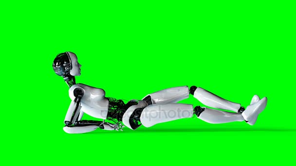 Robot femenino humanoide futurista está ocioso. Movimiento realista y reflexiones. Imágenes de pantalla verde 4K . — Vídeo de stock