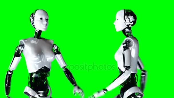 Robot féminin humanoïde futuriste est walkihg. Mouvement réaliste et réflexions. Images d'écran vert 4K .