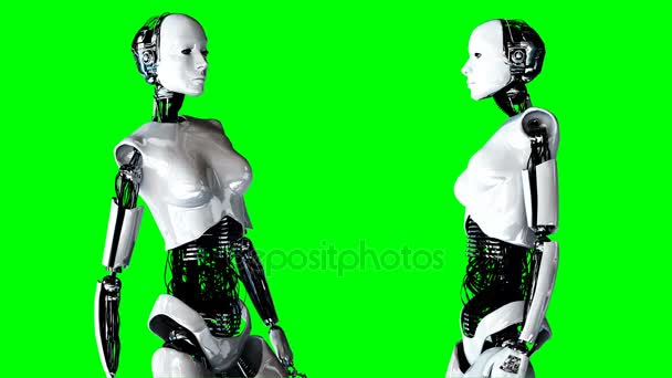 Fütüristik insansı kadın robot boştadır. Gerçekçi hareket ve yansımaları. 4 k yeşil ekran görüntüleri. — Stok video