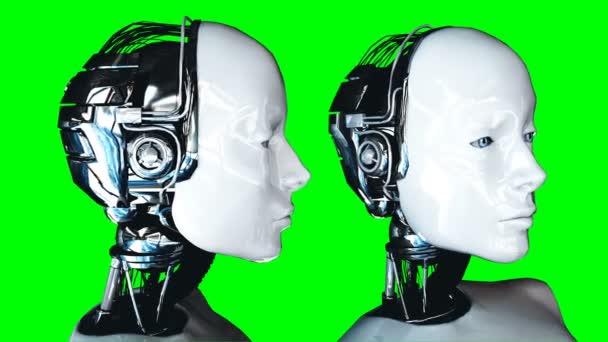 Futuristische humanoïde vrouwelijke robot is niet actief. Realistische beweging en spiegelingen. 4 k groen scherm beeldmateriaal. — Stockvideo