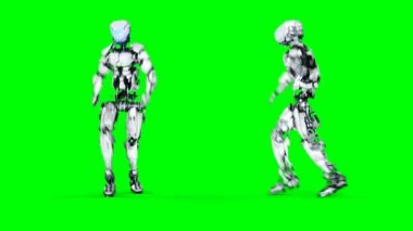 Komik robot dans ediyor. Gerçekçi hareket ve yansımaları. 4 k yeşil ekran görüntüleri.