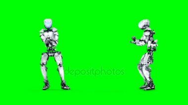 Komik robot dans ediyor. Gerçekçi hareket ve yansımaları. 4 k yeşil ekran görüntüleri.