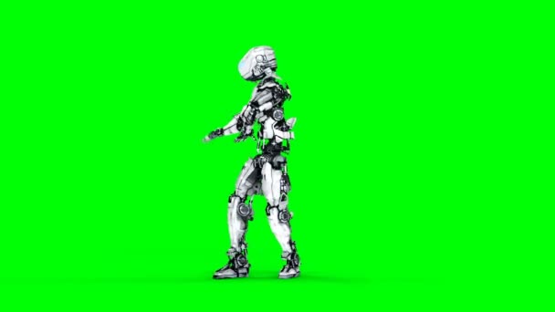 Le robot drôle danse. Mouvement réaliste et réflexions. Images d'écran vert 4K .