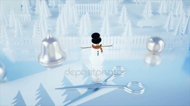 Kağıt şehir tablo. Happy new year ve xmas kavramı. Kardan adam ve hediye. Gerçekçi 4 k animasyon.