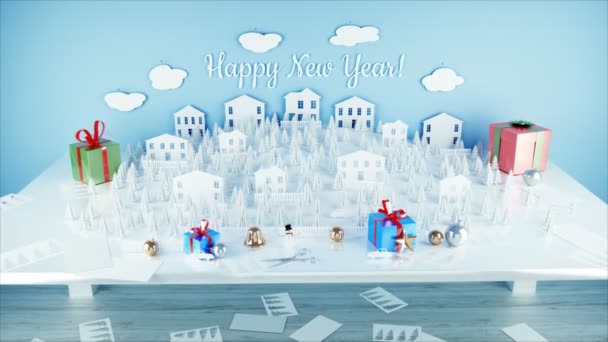 Papper stad på bordet. Gott nytt år och xmas koncept. Snögubbe och presenter. Realistisk 4 k animation. — Stockvideo
