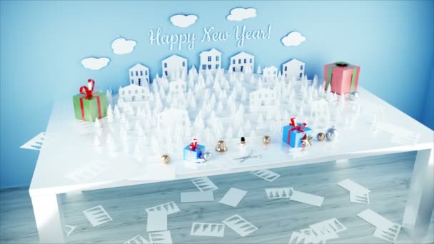 Papierstadt auf dem Tisch. Frohes neues Jahr und Weihnachten Konzept. Schneemann und Geschenke. realistische 4k-Animation. — Stockvideo