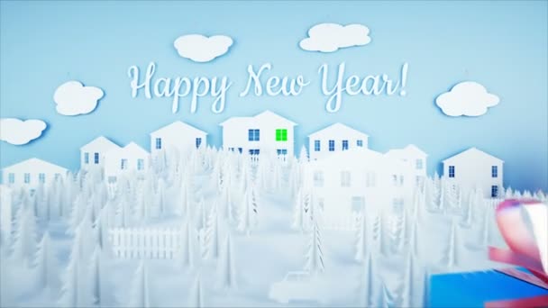Kağıt şehir tablo. Happy new year ve xmas kavramı. Kardan adam ve hediye. Gerçekçi 4 k animasyon. — Stok video