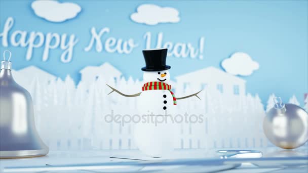 De stad van het papier op tafel. Happy new year en xmas concept. Sneeuwpop en presenteert. Realistische 4 k-animatie. — Stockvideo