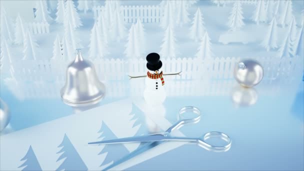 Papírové město na stole. Šťastný nový rok a Vánoce koncepce. Sněhulák a dárky. Realistické animace 4 k. — Stock video