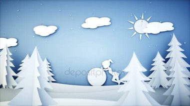 Kağıt düz animasyon. Kız iterek kardan adam. Happy new year ve xmas arka plan. Kar yağışı. Gerçekçi 4 k animasyon.