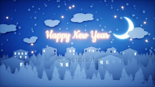 Animación plana de papel de Año Nuevo. Feliz año nuevo y fondo de Navidad. Nevadas. Animación realista 4K . — Vídeo de stock