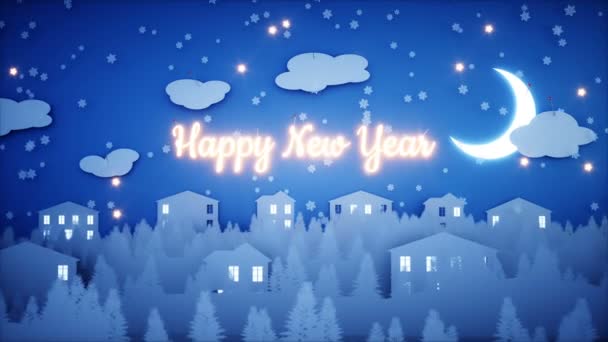 Neujahr Papier flache Animation. frohes neues Jahr und Weihnachten Hintergrund. Schneefall. realistische 4k-Animation. — Stockvideo