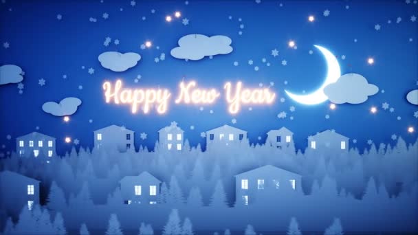 Animación plana de papel de Año Nuevo. Feliz año nuevo y fondo de Navidad. Nevadas. Animación realista 4K . — Vídeos de Stock