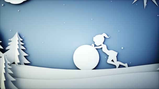 Papírové ploché animace. Dívka tlačí sněhulák. Šťastný nový rok a Vánoce pozadí. Sněžení. Realistické animace 4 k. — Stock video