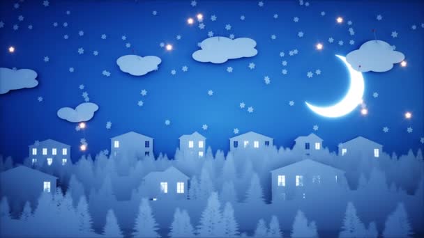 Zimní papírové ploché animace. Šťastný nový rok a Vánoce pozadí. Sněžení. Realistické animace 4 k.