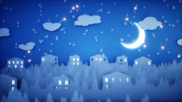 Vinter papper flat animation. Gott nytt år och xmas bakgrund. Snöfall. Realistisk 4 k animation. — Stockvideo