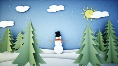 Kardan adam kağıt düz animasyon. Happy new year ve xmas arka plan. Kar yağışı. Gerçekçi 4 k animasyon.