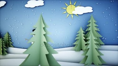 Kardan adam kağıt düz animasyon. Happy new year ve xmas arka plan. Kar yağışı. Gerçekçi 4 k animasyon.