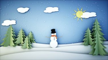 Kardan adam kağıt düz animasyon. Happy new year ve xmas arka plan. Kar yağışı. Gerçekçi 4 k animasyon.