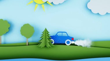Kağıt araba atmosferi kirletiyor. Smog. Yaratıcı ekolojik kavram. Gerçekçi 4 k animasyon.