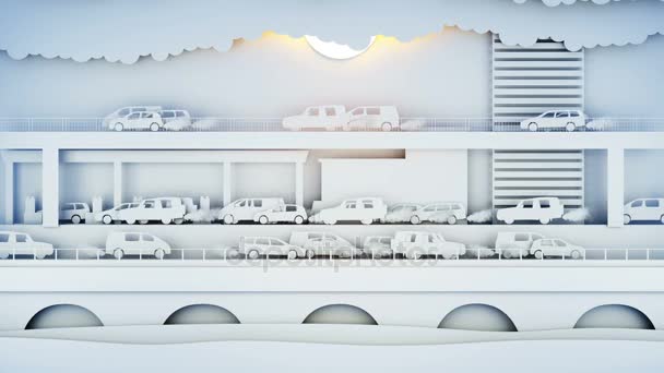 Papierautos verschmutzen die Atmosphäre. Stadt im Smog. kreatives ökologisches Konzept. realistische 4k-Animation. — Stockvideo